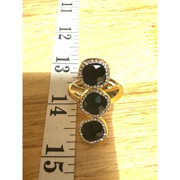 Monet Triple Black Stone Stretch Cocktail Ring W/ Gold Tone & Crystal Accents Si - Picture 4 of 9